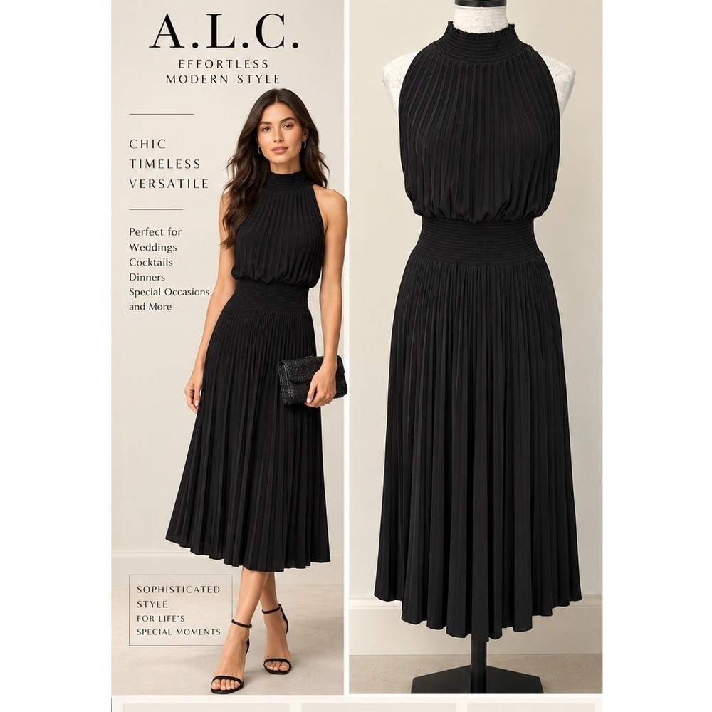 A.L.C. Renzo Pleated Halter Dress. Size 0 Black Quiet Luxury Smocked Mock Neck